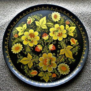 Vintage Russian Khokhloma Hand Painted Floral Decorative Wooden Plate Decor 10"